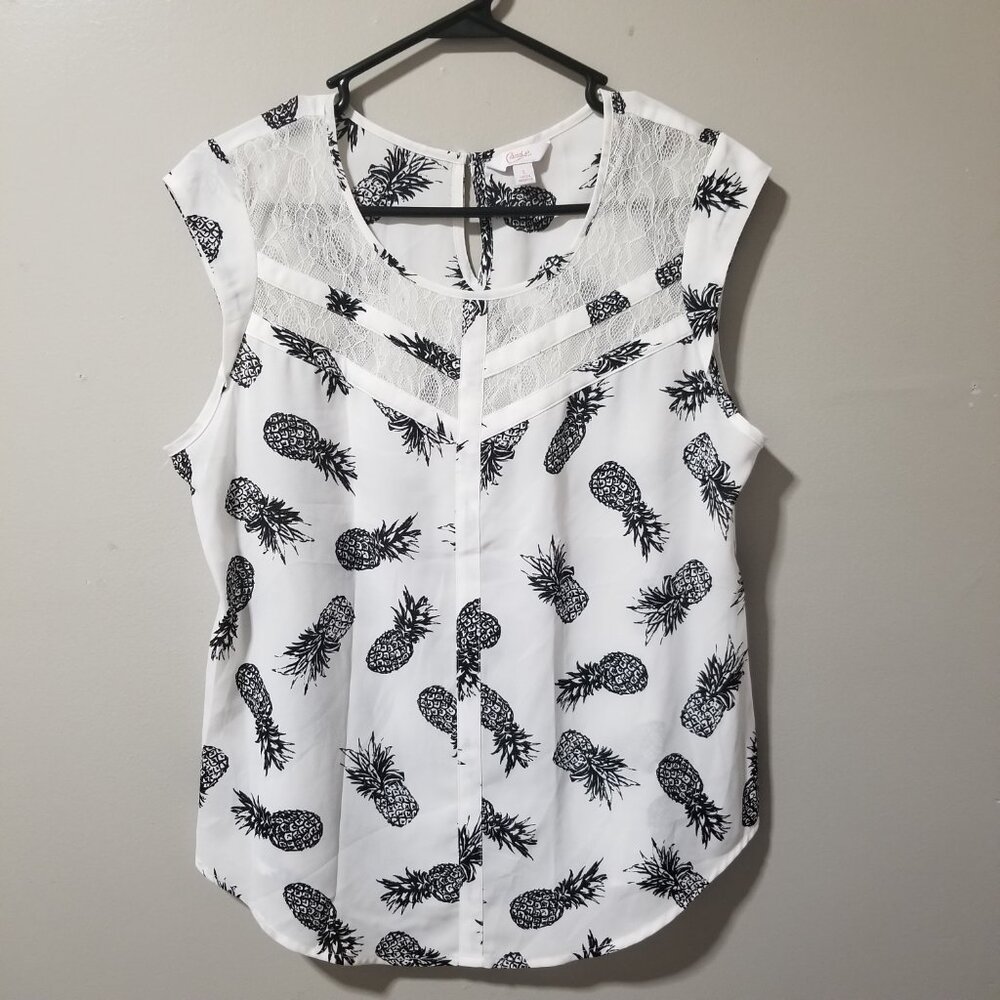Candie's Women's Blouse Sleeveless Black White Lace Pineapples L